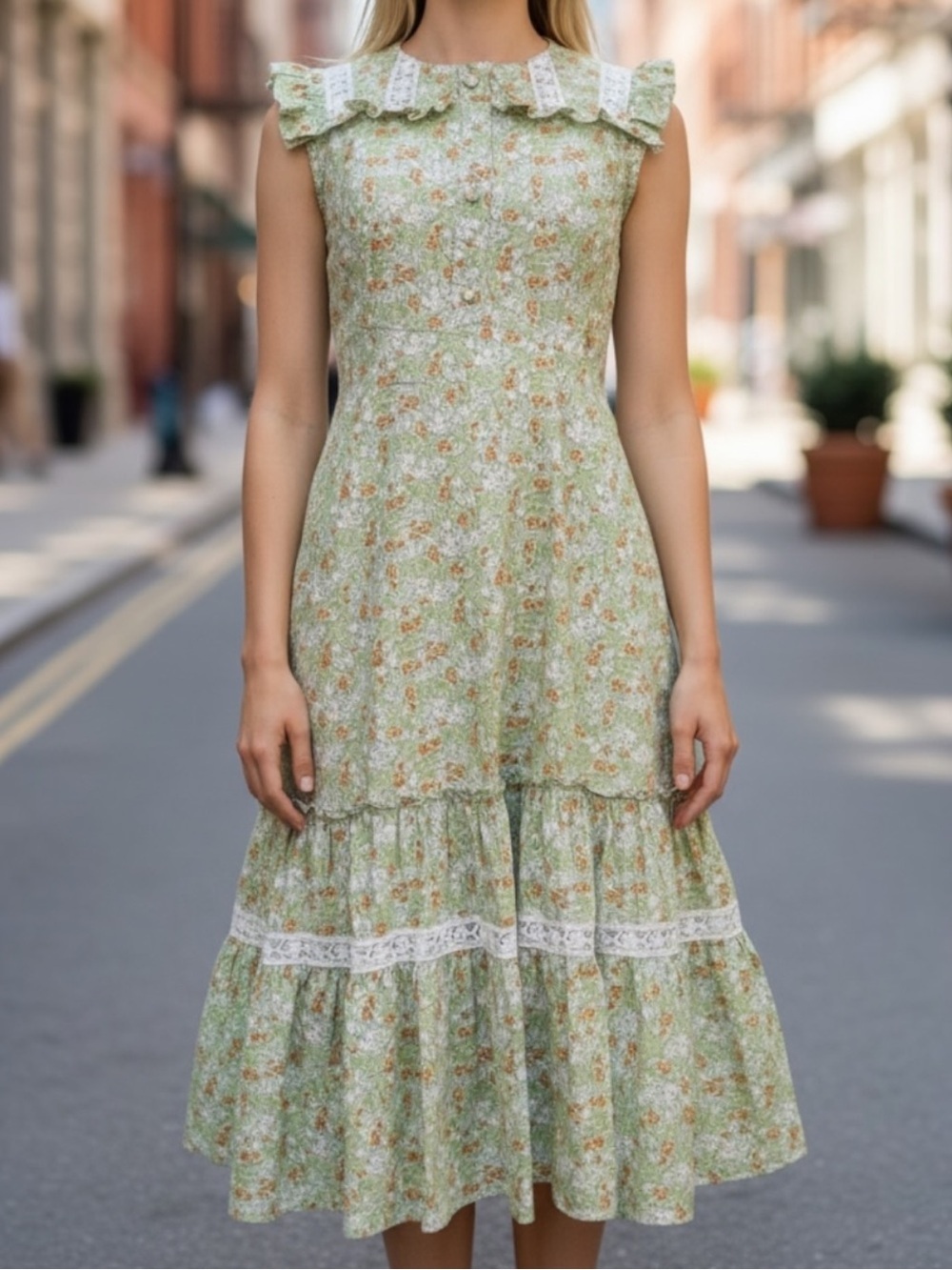 Floral cottagecore Midi Dress Tiered Ruffle SZ S Light Green